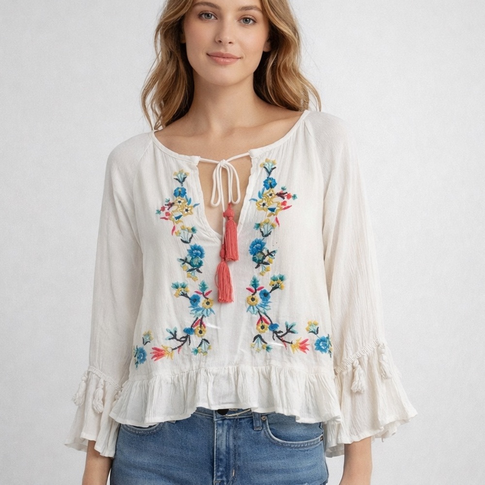 RAGA Boho Embroidered Tassel Peasant Blouse White Floral Festival Top Size S